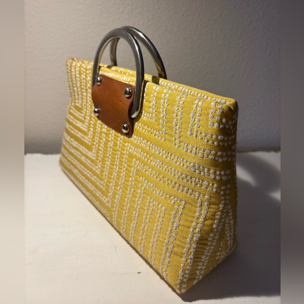 Custom made art Yellow Patterned Handbag with Silver Handles
